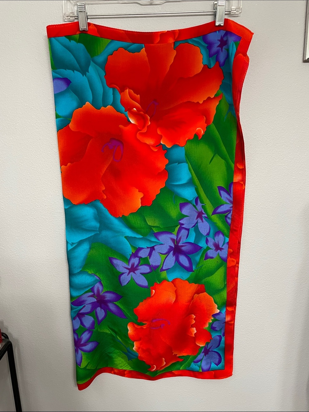 Vintage Silk Floral Square Scarf Teal Blue Purple Orange Red Large 34”